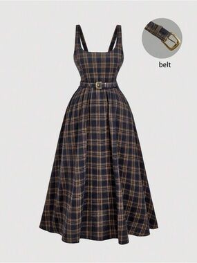 SHEIN Navy and Tan Plaid Fit-and-Flare Maxi Dress with Belt